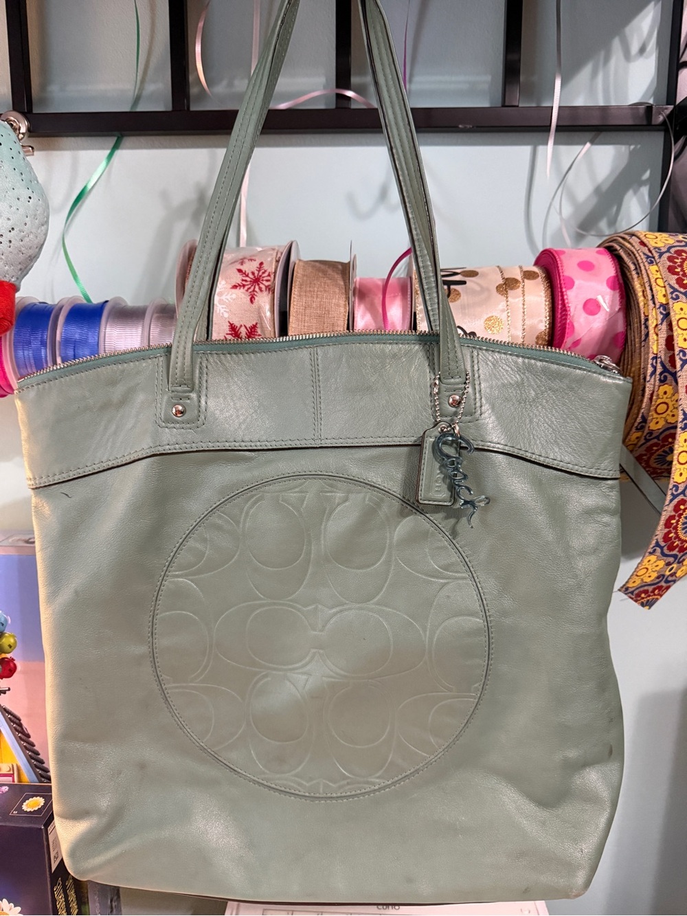 Coach Sage Green Leather Tote with Embossed Signature Circle